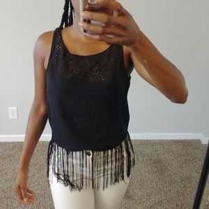 Cotton Express fringe Cropped Eyelet Cutout tank L